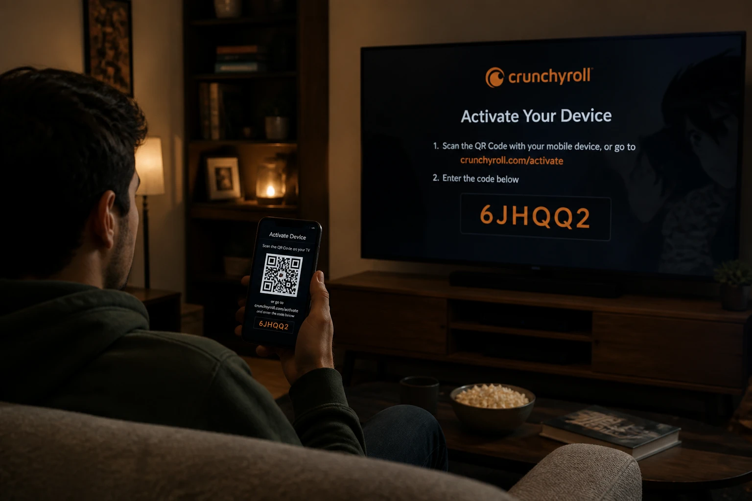 Activation Crunchyroll sur Smart TV avec code 6 caractères affiché à l'écran