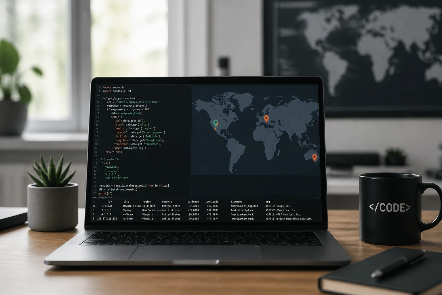 Écran d'ordinateur affichant du code Python de géolocalisation d'adresse IP avec carte du monde en arrière-plan