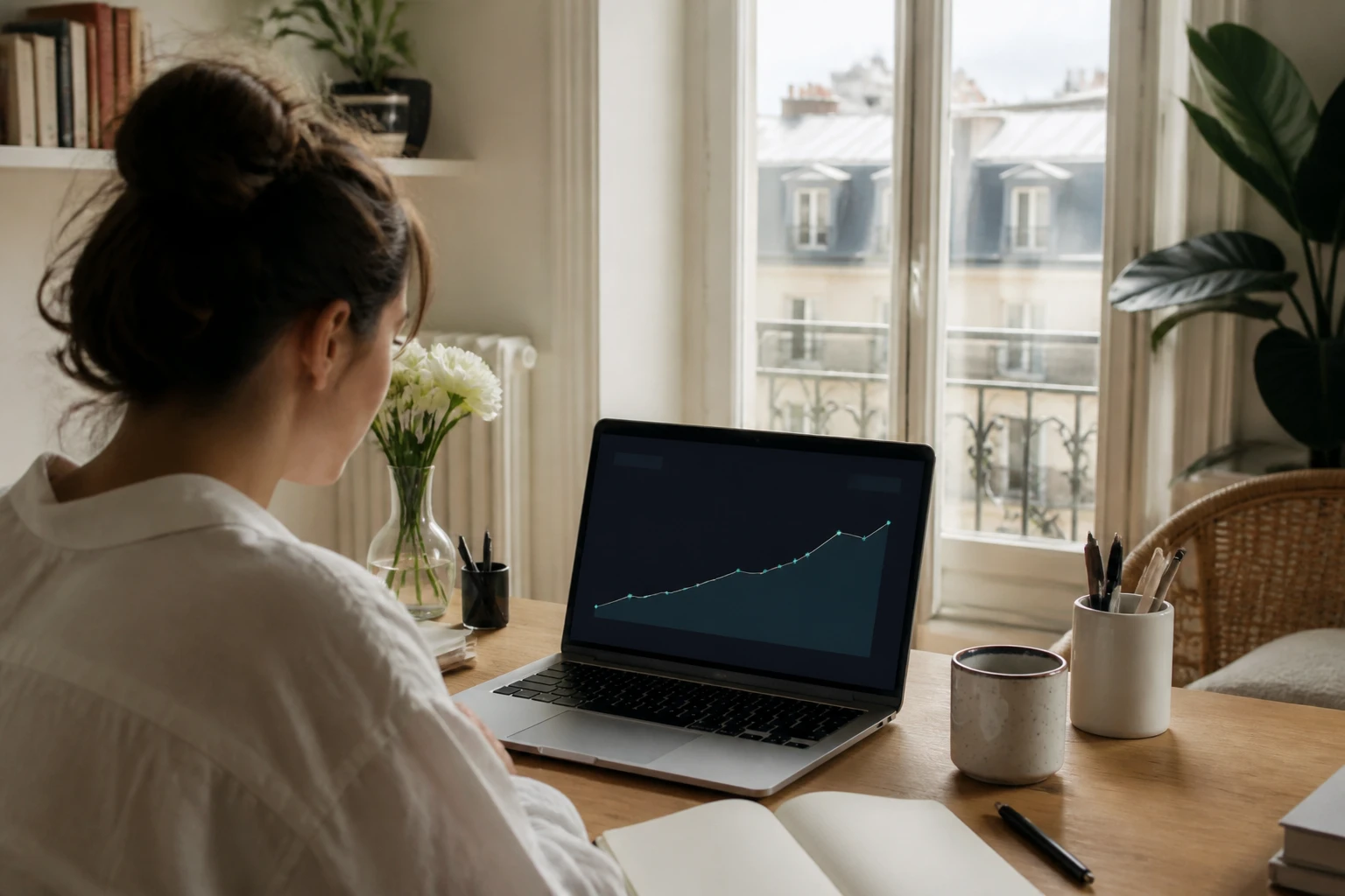 Personne utilisant une plateforme de gains en ligne sur ordinateur portable depuis son domicile