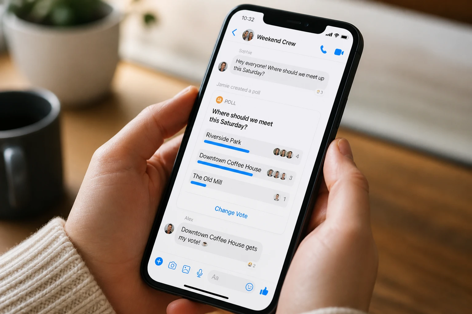 Écran de smartphone affichant un sondage Messenger actif dans un groupe