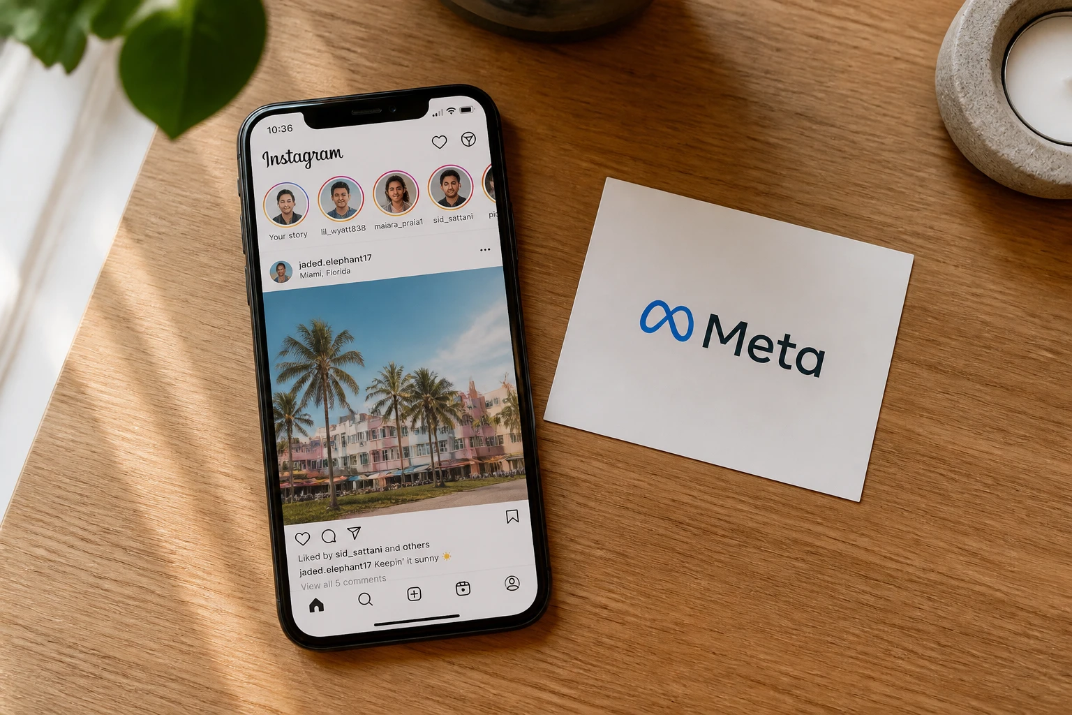 Smartphone affichant l'application Instagram sur un bureau, avec une carte indiquant Meta posée à côté