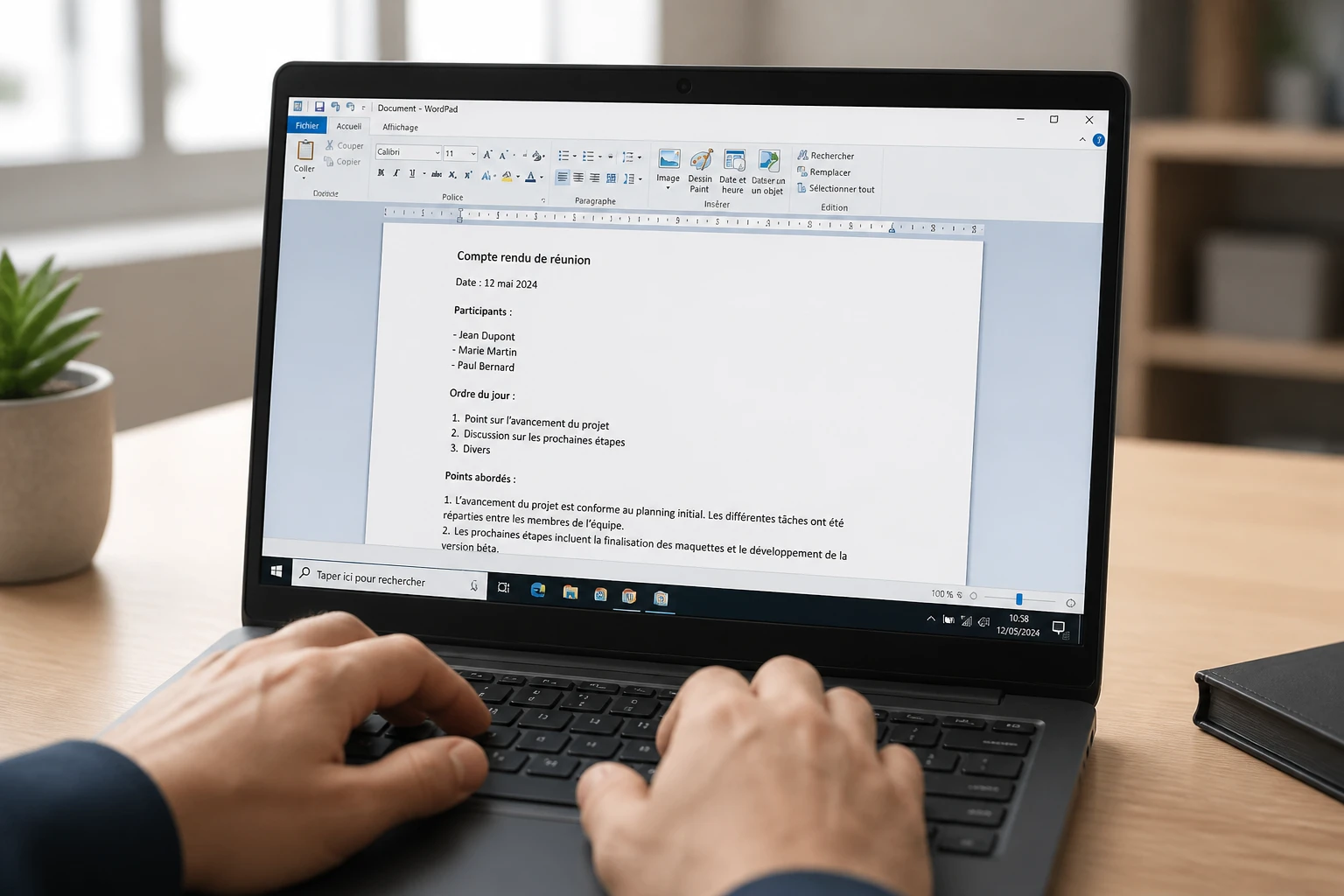 Écran Windows avec l'interface WordPad ouverte sur un document texte, mains posées sur le clavier pour insérer un saut de page