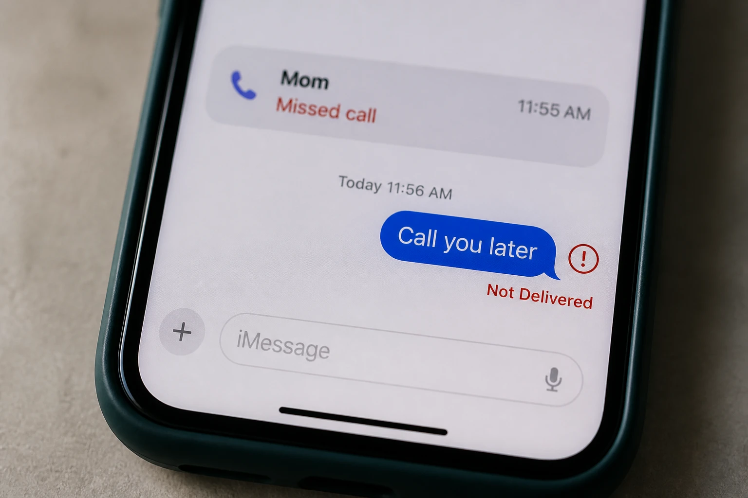Écran de smartphone affichant une notification d'appel manqué et un message non livré