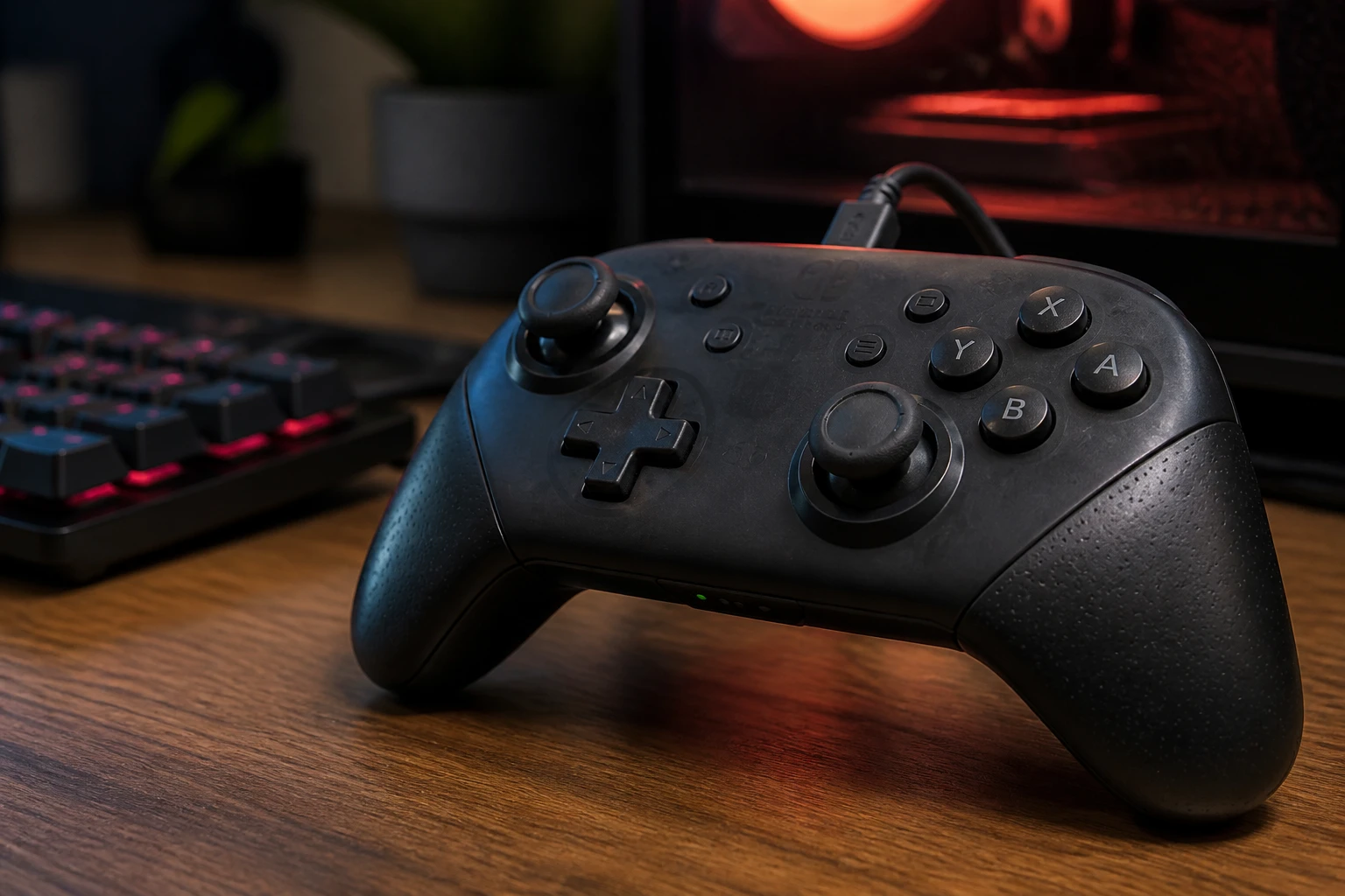 Manette Nintendo Switch Pro Controller connectée à un PC gaming via câble USB-C sur bureau en bois