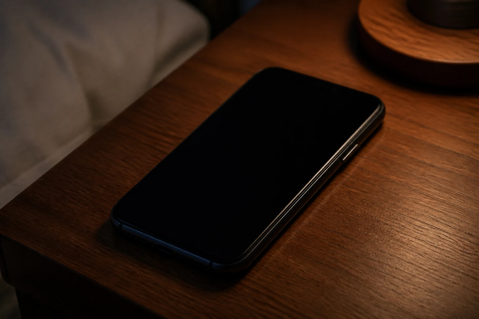 Smartphone éteint posé sur une table de nuit, aucune émission d'ondes radio visible