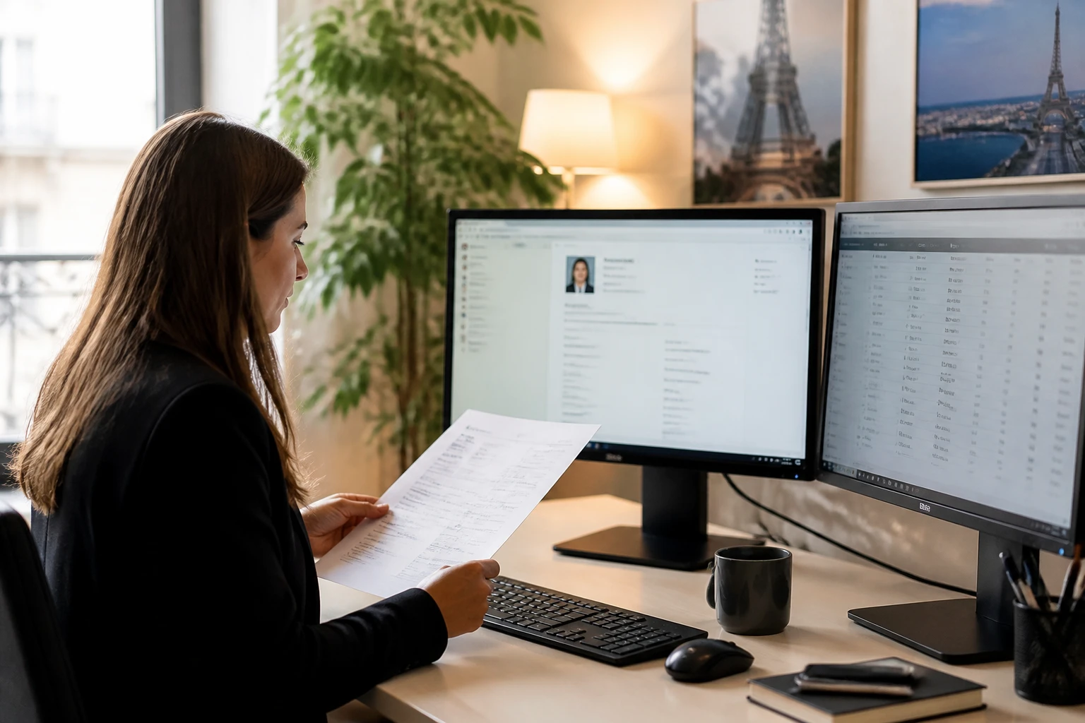 Gestionnaire RH consultant une plateforme de desk RH sur écran dans un bureau professionnel