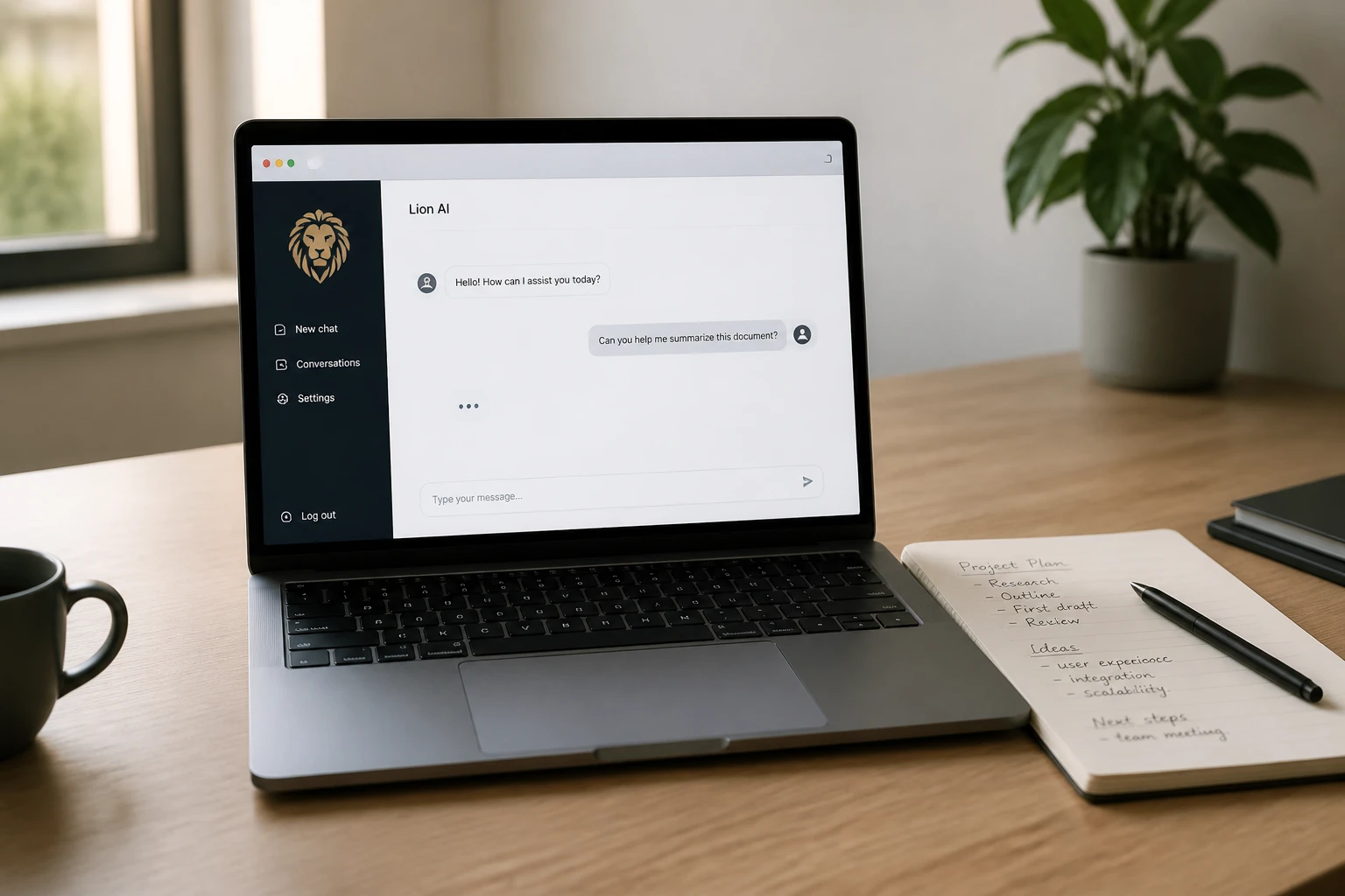 Interface Leo AI sur écran d'ordinateur portable avec notes manuscrites sur un bureau épuré