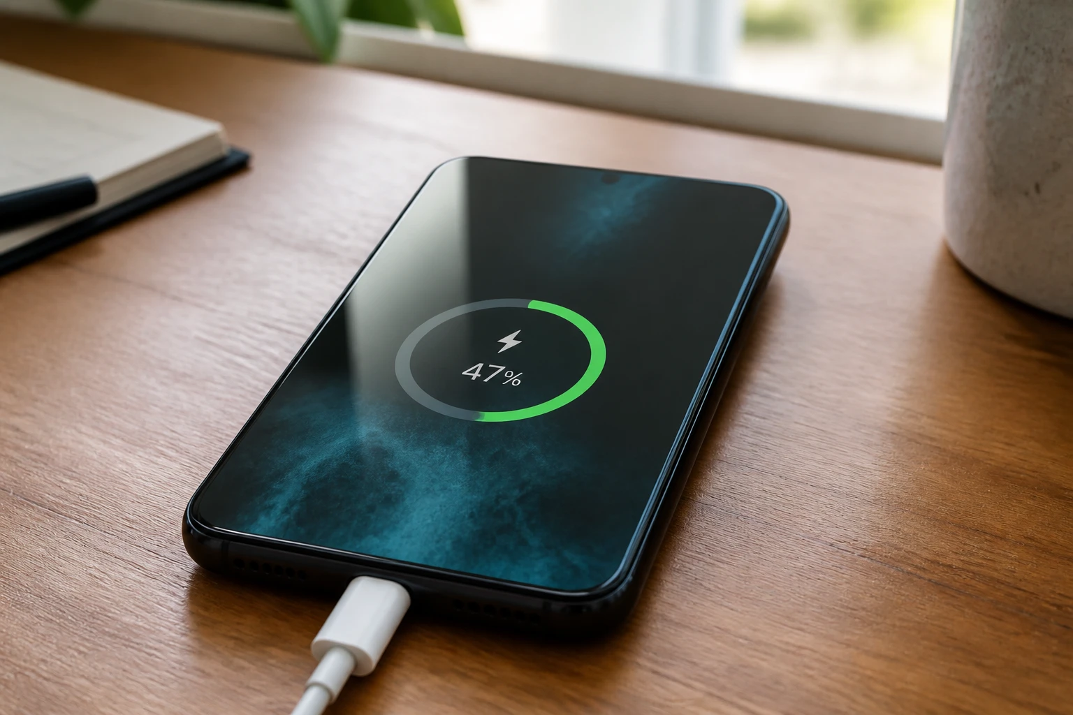 Smartphone branché à un chargeur avec indicateur de batterie bloqué visible sur l'écran